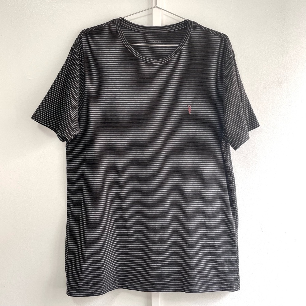 All Saints Black and White Striped Tee with Red Ramskull Logo